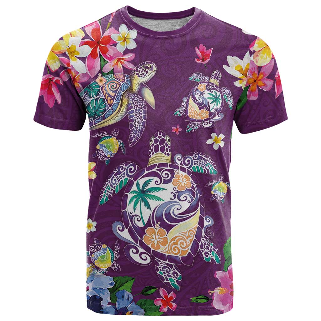 Hawaiian Turtles and Tropical Plants T Shirt Purple Watercolor