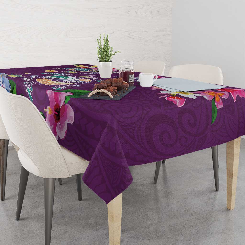 Hawaiian Turtles and Tropical Plants Tablecloth Purple Watercolor