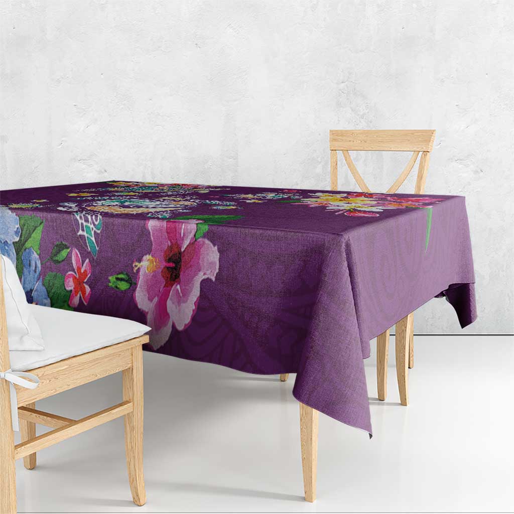 Hawaiian Turtles and Tropical Plants Tablecloth Purple Watercolor