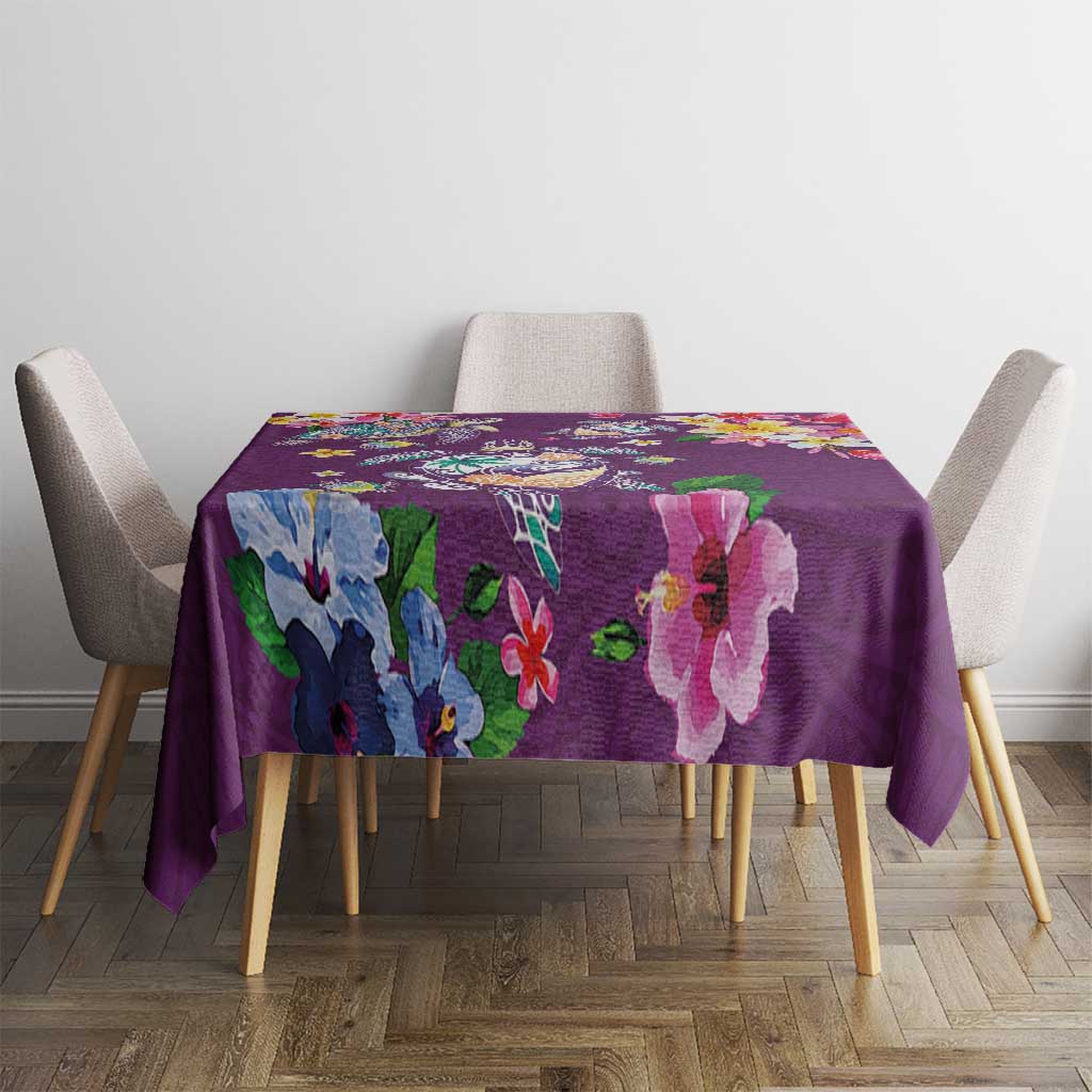 Hawaiian Turtles and Tropical Plants Tablecloth Purple Watercolor