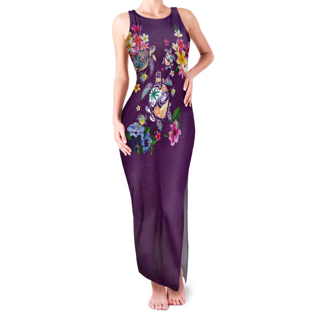Hawaiian Turtles and Tropical Plants Tank Maxi Dress Purple Watercolor