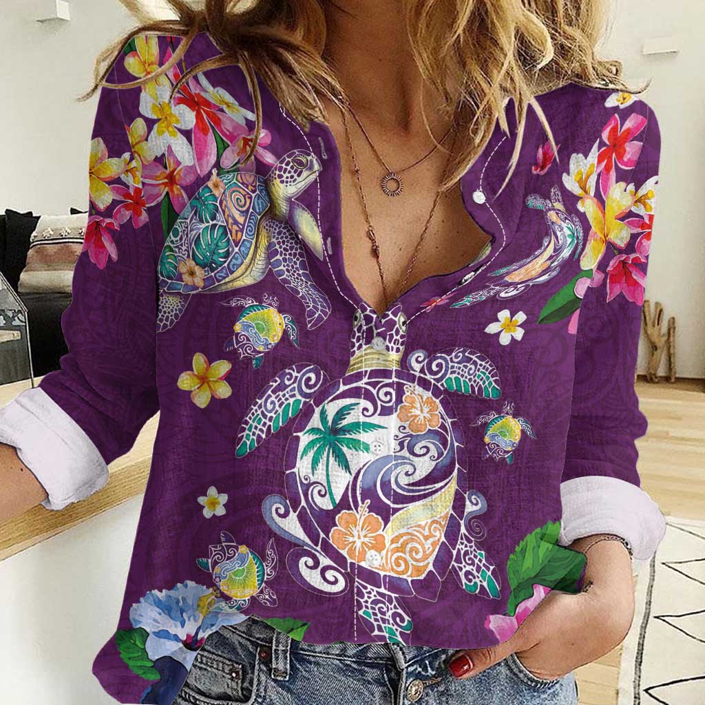 Hawaiian Turtles and Tropical Plants Women Casual Shirt Purple Watercolor