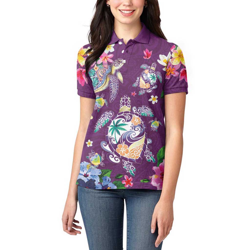 Hawaiian Turtles and Tropical Plants Women Polo Shirt Purple Watercolor
