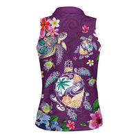 Hawaiian Turtles and Tropical Plants Women Sleeveless Polo Shirt Purple Watercolor