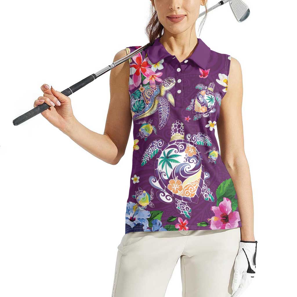 Hawaiian Turtles and Tropical Plants Women Sleeveless Polo Shirt Purple Watercolor
