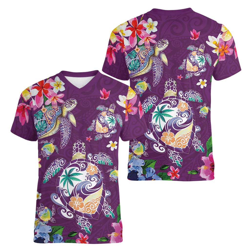Hawaiian Turtles and Tropical Plants Women V-Neck T-Shirt Purple Watercolor