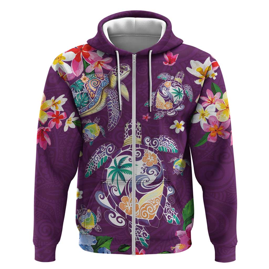 Hawaiian Turtles and Tropical Plants Zip Hoodie Purple Watercolor