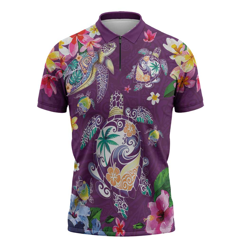 Hawaiian Turtles and Tropical Plants Zipper Polo Shirt Purple Watercolor