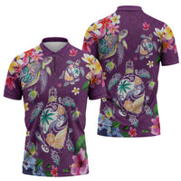 Hawaiian Turtles and Tropical Plants Zipper Polo Shirt Purple Watercolor