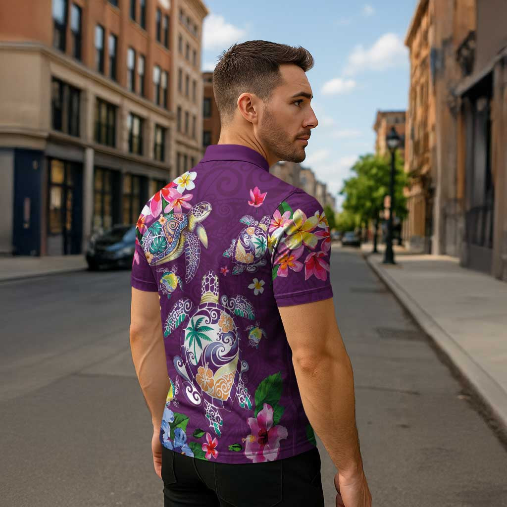 Hawaiian Turtles and Tropical Plants Zipper Polo Shirt Purple Watercolor
