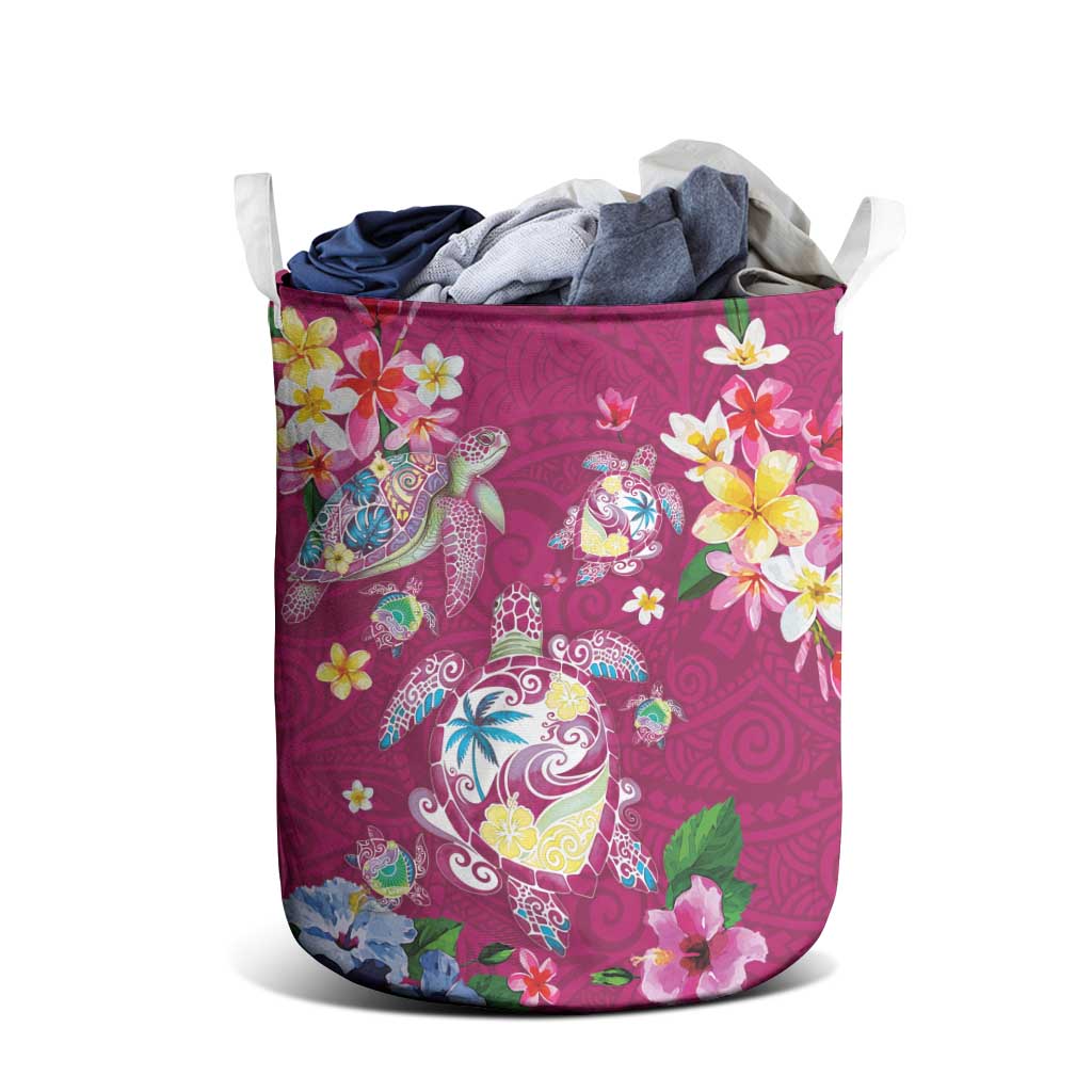 Hawaiian Turtles and Tropical Plants Laundry Basket Pink Watercolor