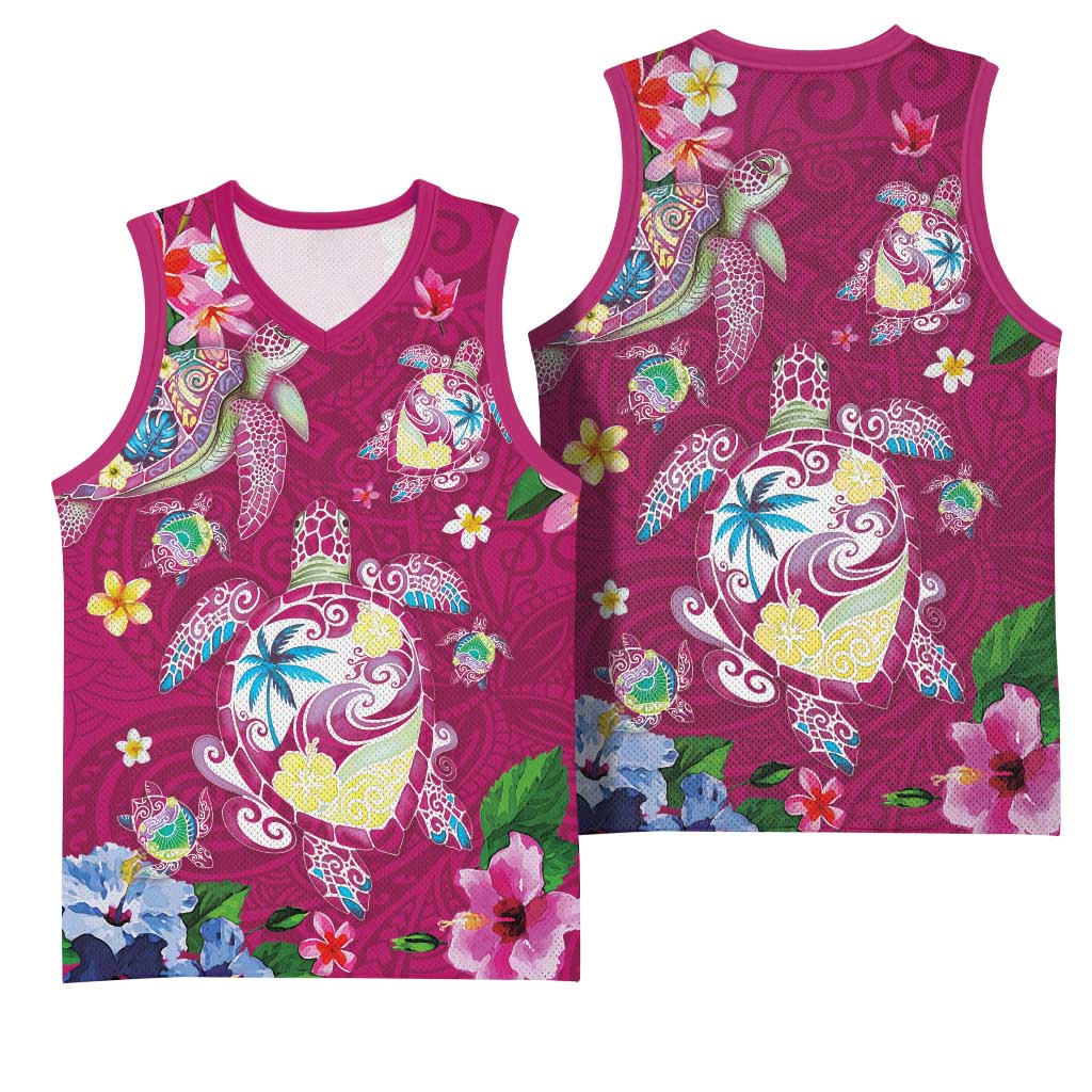 Hawaiian Turtles and Tropical Plants Basketball Jersey Pink Watercolor