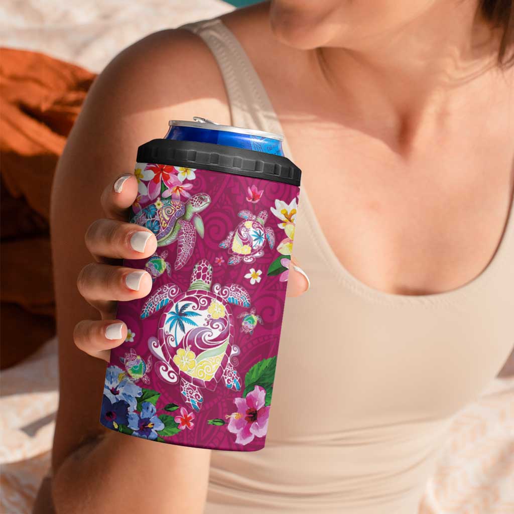 Hawaiian Turtles and Tropical Plants 4 in 1 Can Cooler Tumbler Pink Watercolor