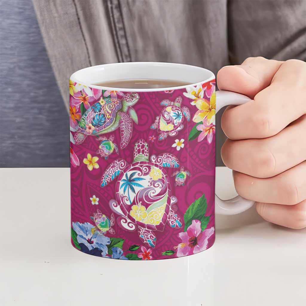 Hawaiian Turtles and Tropical Plants Ceramic Mug Pink Watercolor