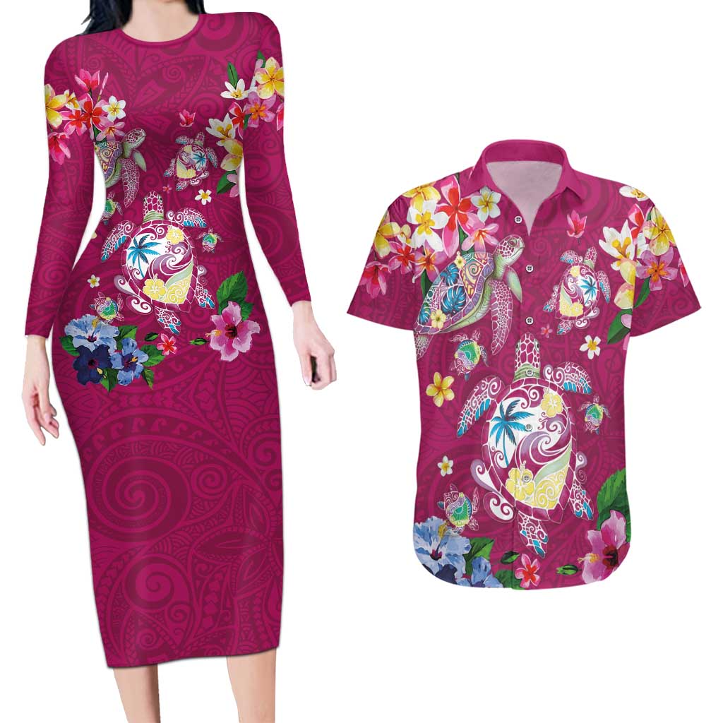 Hawaiian Turtles and Tropical Plants Couples Matching Long Sleeve Bodycon Dress and Hawaiian Shirt Pink Watercolor LT03 Pink - Polynesian Pride