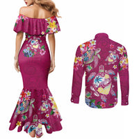 Hawaiian Turtles and Tropical Plants Couples Matching Mermaid Dress and Long Sleeve Button Shirt Pink Watercolor