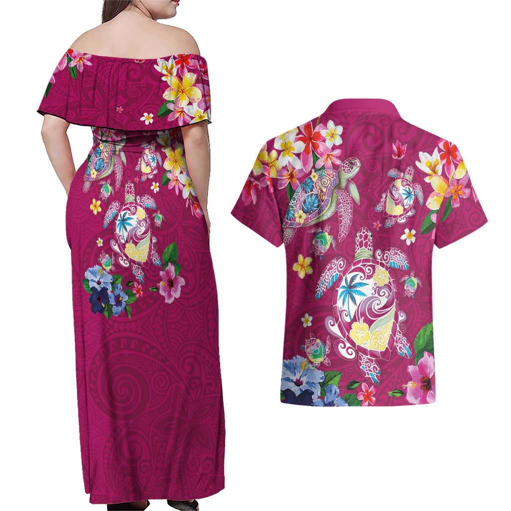 Hawaiian Turtles and Tropical Plants Couples Matching Off Shoulder Maxi Dress and Hawaiian Shirt Pink Watercolor