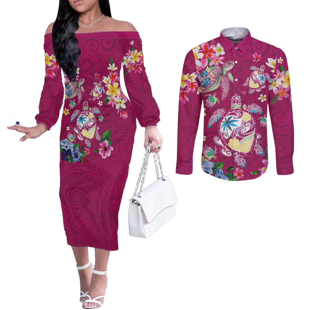 Hawaiian Turtles and Tropical Plants Couples Matching Off The Shoulder Long Sleeve Dress and Long Sleeve Button Shirt Pink Watercolor LT03 Pink - Polynesian Pride
