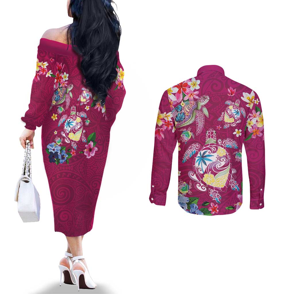 Hawaiian Turtles and Tropical Plants Couples Matching Off The Shoulder Long Sleeve Dress and Long Sleeve Button Shirt Pink Watercolor LT03 - Polynesian Pride