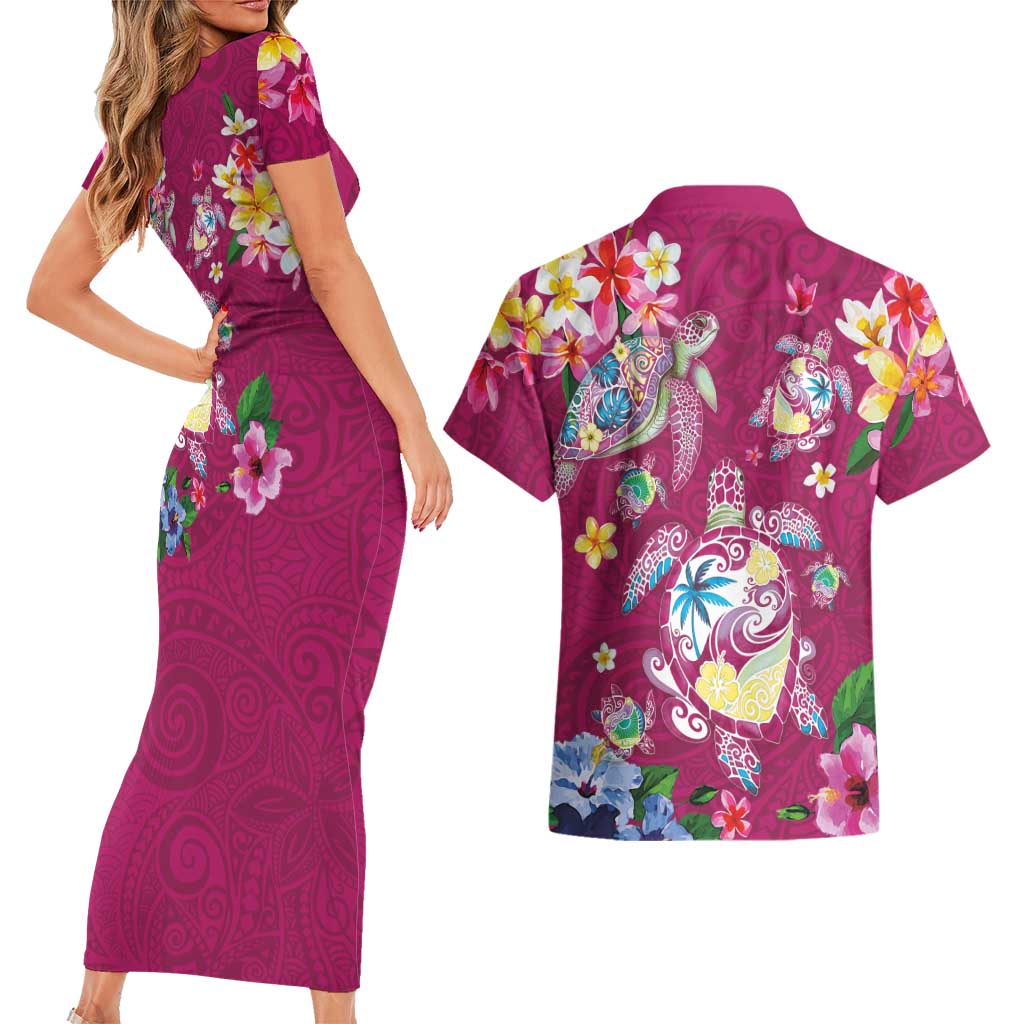 Hawaiian Turtles and Tropical Plants Couples Matching Short Sleeve Bodycon Dress and Hawaiian Shirt Pink Watercolor LT03 - Polynesian Pride