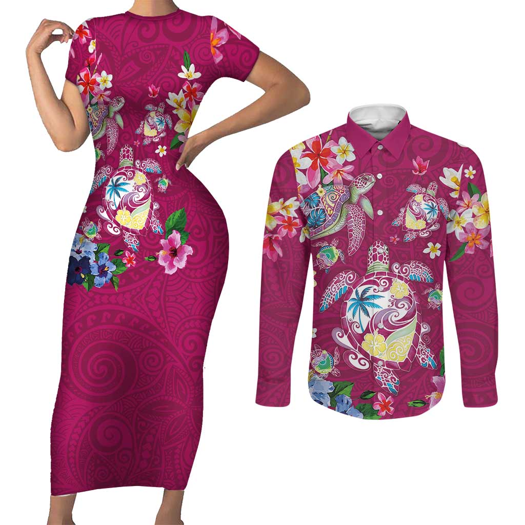 Hawaiian Turtles and Tropical Plants Couples Matching Short Sleeve Bodycon Dress and Long Sleeve Button Shirt Pink Watercolor