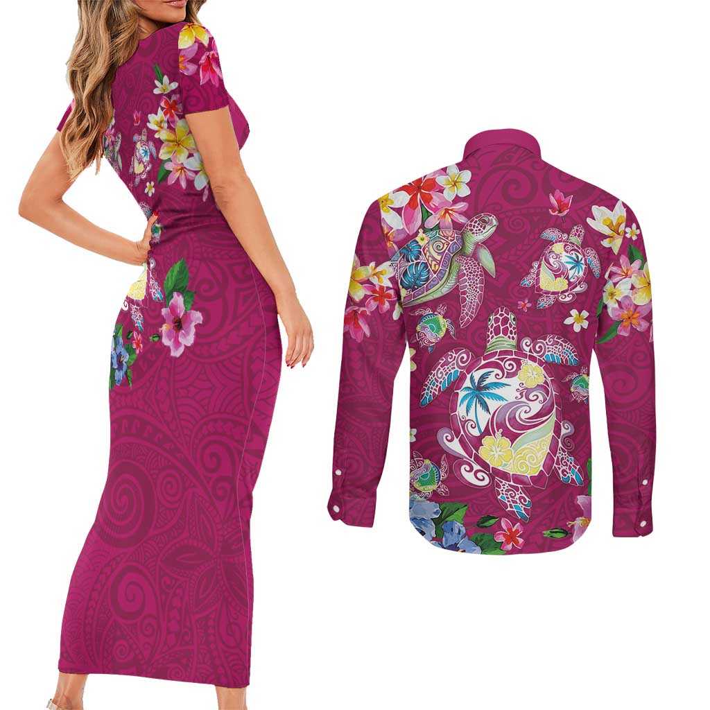 Hawaiian Turtles and Tropical Plants Couples Matching Short Sleeve Bodycon Dress and Long Sleeve Button Shirt Pink Watercolor