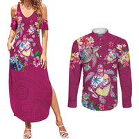Hawaiian Turtles and Tropical Plants Couples Matching Summer Maxi Dress and Long Sleeve Button Shirt Pink Watercolor