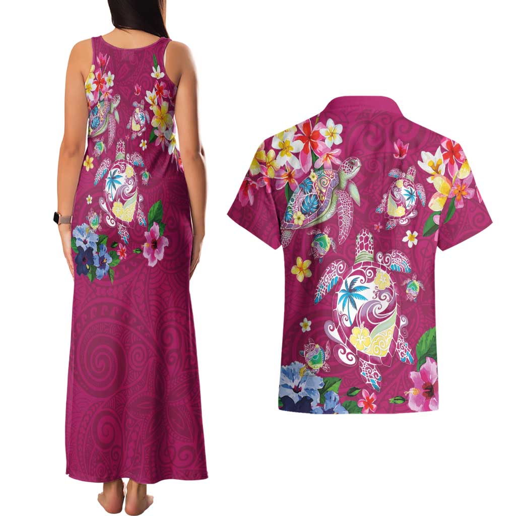 Hawaiian Turtles and Tropical Plants Couples Matching Tank Maxi Dress and Hawaiian Shirt Pink Watercolor LT03 - Polynesian Pride
