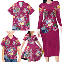 Hawaiian Turtles and Tropical Plants Family Matching Long Sleeve Bodycon Dress and Hawaiian Shirt Pink Watercolor LT03 - Polynesian Pride
