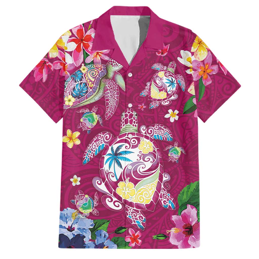 Hawaiian Turtles and Tropical Plants Family Matching Long Sleeve Bodycon Dress and Hawaiian Shirt Pink Watercolor LT03 Dad's Shirt - Short Sleeve Pink - Polynesian Pride