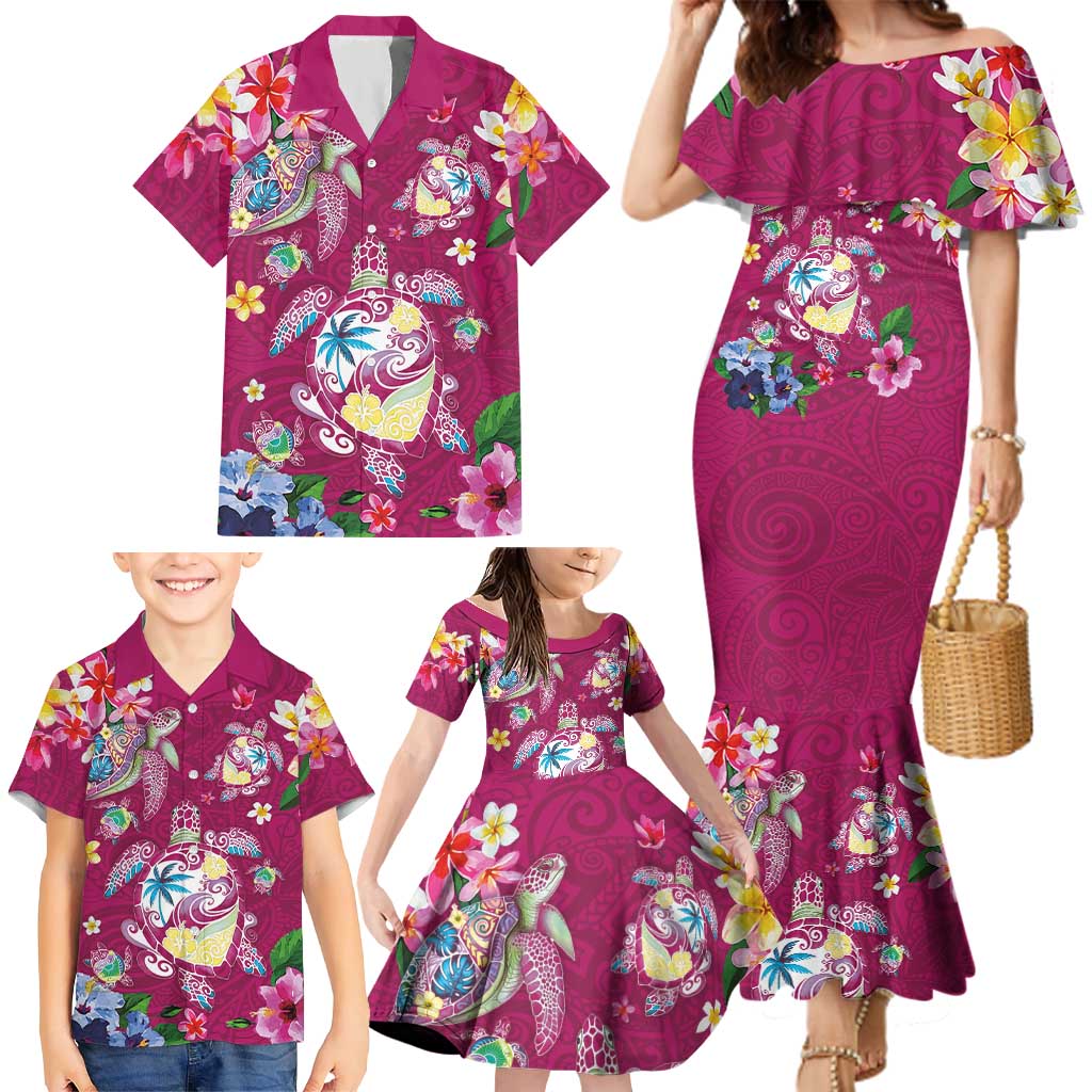 Hawaiian Turtles and Tropical Plants Family Matching Mermaid Dress and Hawaiian Shirt Pink Watercolor LT03 - Polynesian Pride