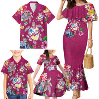 Hawaiian Turtles and Tropical Plants Family Matching Mermaid Dress and Hawaiian Shirt Pink Watercolor LT03 - Polynesian Pride