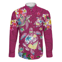 Hawaiian Turtles and Tropical Plants Family Matching Mermaid Dress and Hawaiian Shirt Pink Watercolor LT03 Dad's Shirt - Long Sleeve Pink - Polynesian Pride