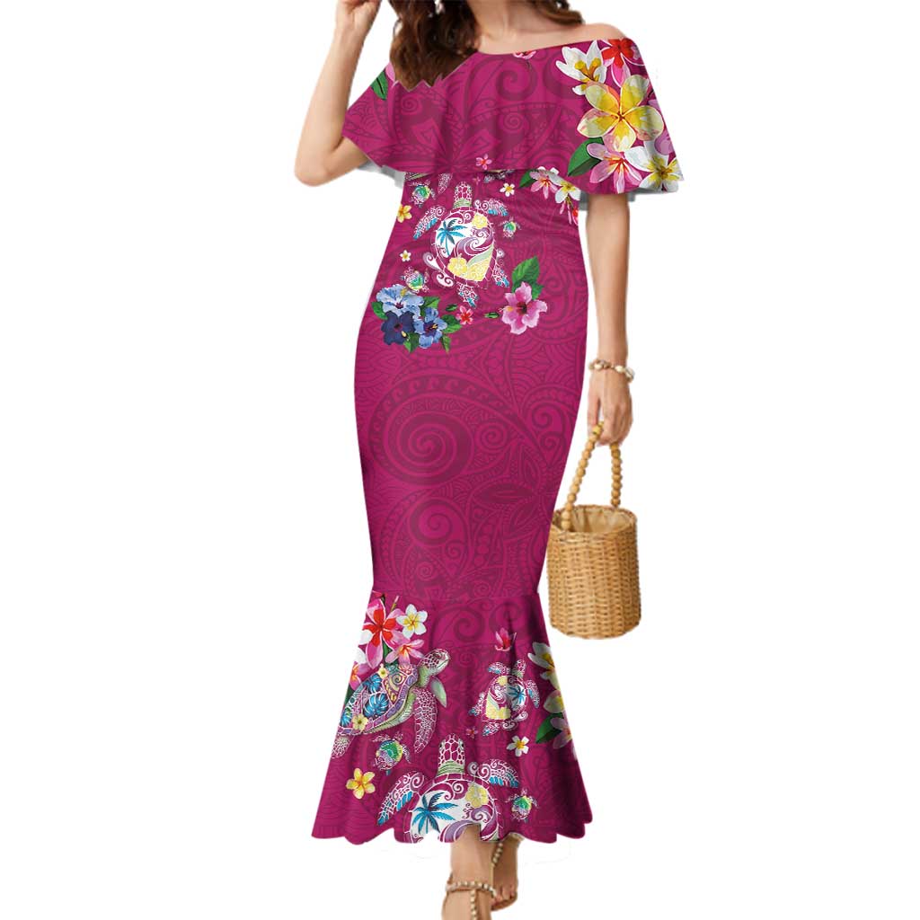 Hawaiian Turtles and Tropical Plants Family Matching Mermaid Dress and Hawaiian Shirt Pink Watercolor LT03 Mom's Dress Pink - Polynesian Pride