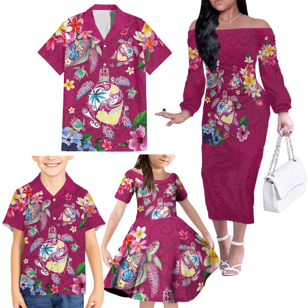 Hawaiian Turtles and Tropical Plants Family Matching Off The Shoulder Long Sleeve Dress and Hawaiian Shirt Pink Watercolor LT03 - Polynesian Pride