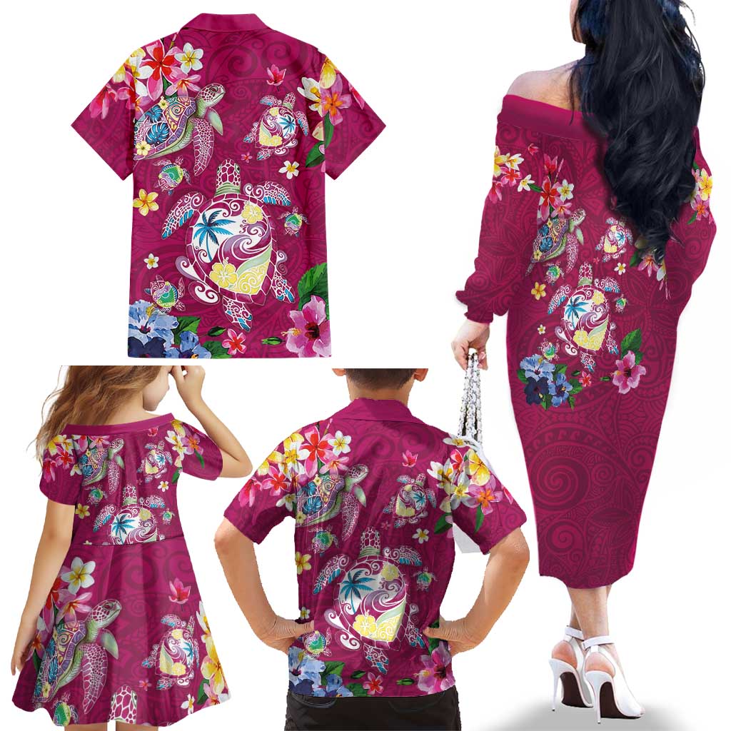 Hawaiian Turtles and Tropical Plants Family Matching Off The Shoulder Long Sleeve Dress and Hawaiian Shirt Pink Watercolor LT03 - Polynesian Pride