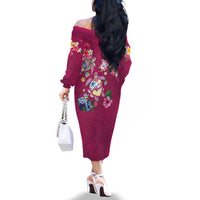 Hawaiian Turtles and Tropical Plants Family Matching Off The Shoulder Long Sleeve Dress and Hawaiian Shirt Pink Watercolor LT03 - Polynesian Pride