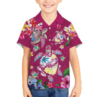 Hawaiian Turtles and Tropical Plants Family Matching Off The Shoulder Long Sleeve Dress and Hawaiian Shirt Pink Watercolor LT03 Son's Shirt Pink - Polynesian Pride