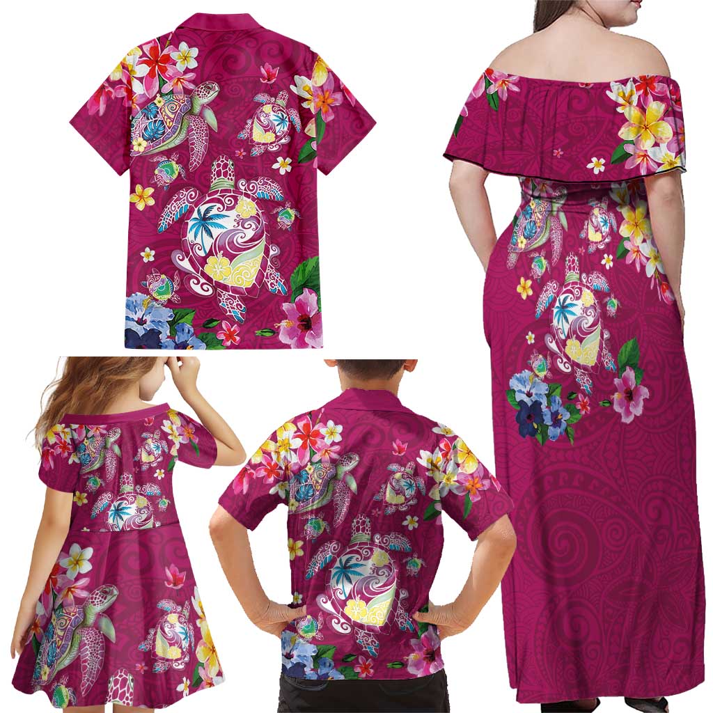 Hawaiian Turtles and Tropical Plants Family Matching Off Shoulder Maxi Dress and Hawaiian Shirt Pink Watercolor LT03 - Polynesian Pride