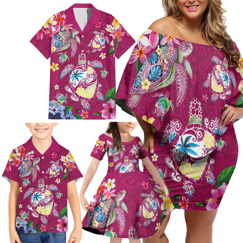 Hawaiian Turtles and Tropical Plants Family Matching Off Shoulder Short Dress and Hawaiian Shirt Pink Watercolor LT03 - Polynesian Pride