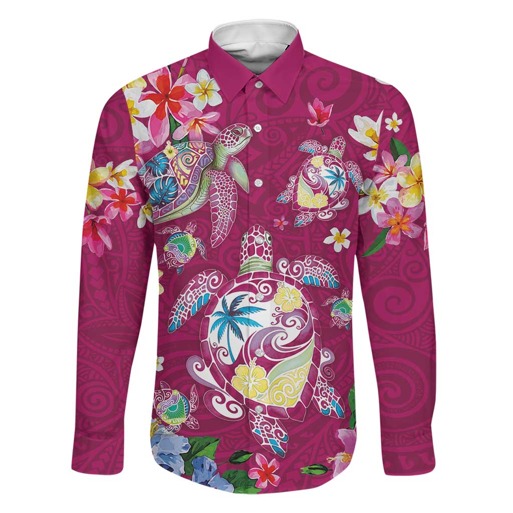 Hawaiian Turtles and Tropical Plants Family Matching Puletasi and Hawaiian Shirt Pink Watercolor LT03 Dad's Shirt - Long Sleeve Pink - Polynesian Pride