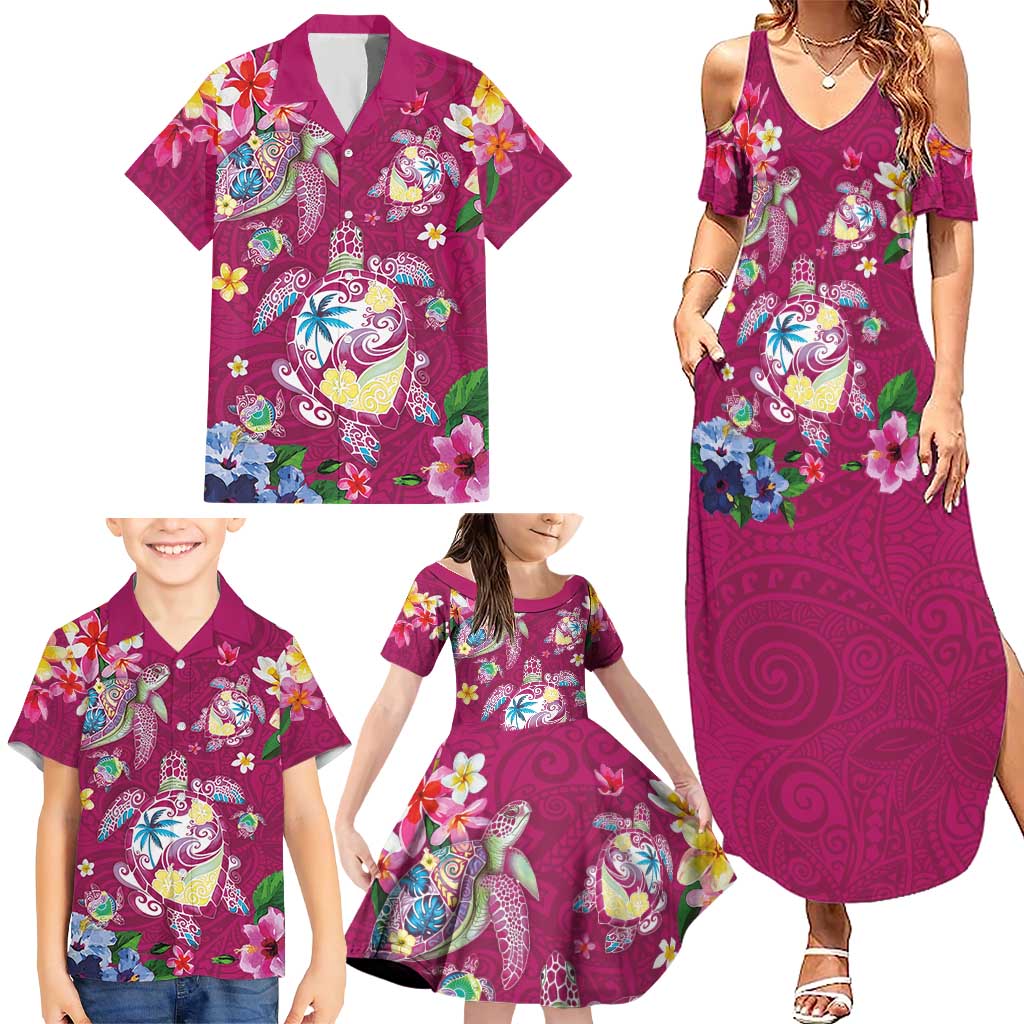 Hawaiian Turtles and Tropical Plants Family Matching Summer Maxi Dress and Hawaiian Shirt Pink Watercolor LT03 - Polynesian Pride