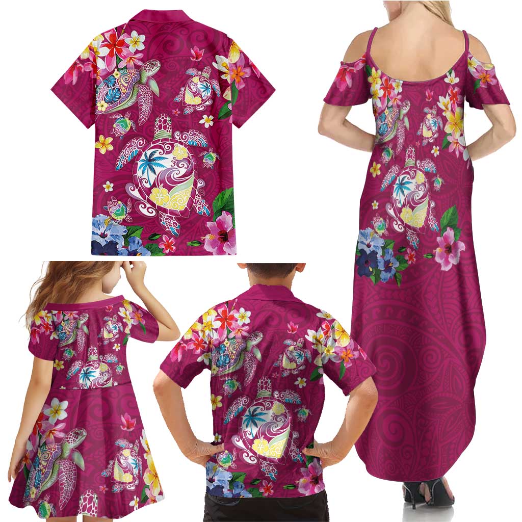 Hawaiian Turtles and Tropical Plants Family Matching Summer Maxi Dress and Hawaiian Shirt Pink Watercolor LT03 - Polynesian Pride