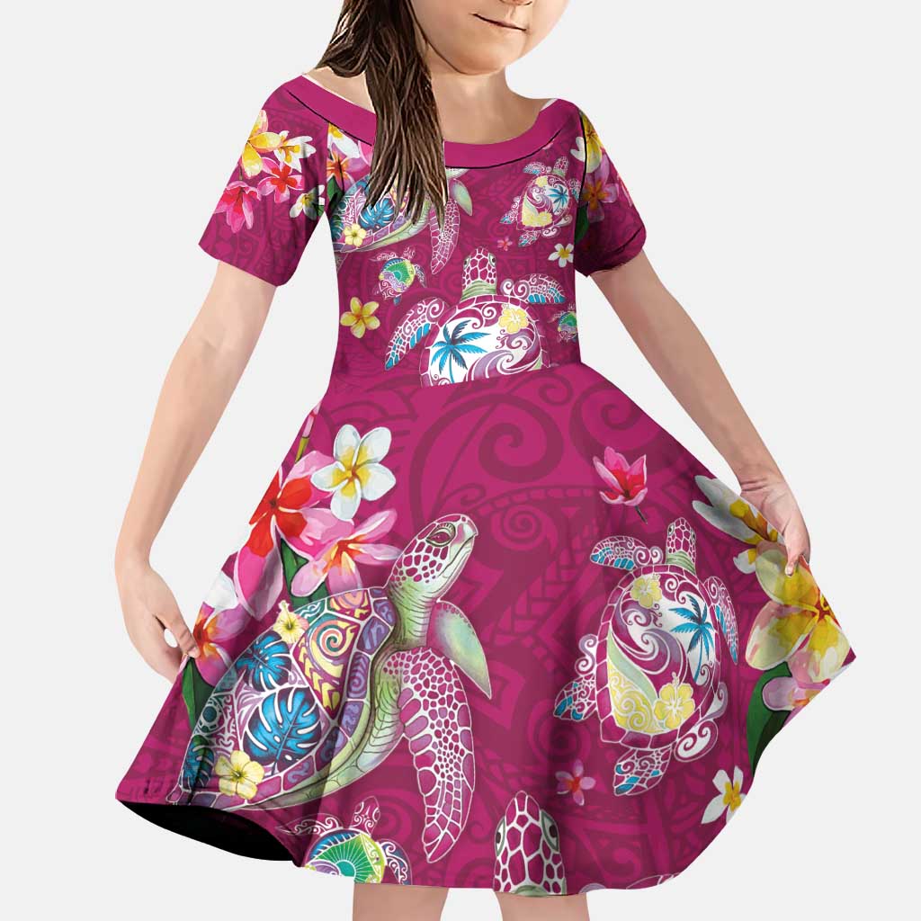 Hawaiian Turtles and Tropical Plants Family Matching Tank Maxi Dress and Hawaiian Shirt Pink Watercolor LT03 Daughter's Dress Pink - Polynesian Pride