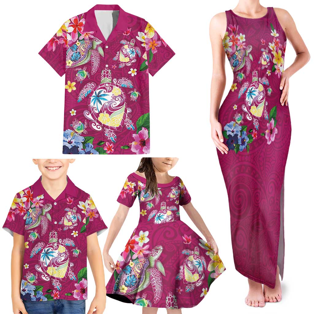 Hawaiian Turtles and Tropical Plants Family Matching Tank Maxi Dress and Hawaiian Shirt Pink Watercolor LT03 - Polynesian Pride
