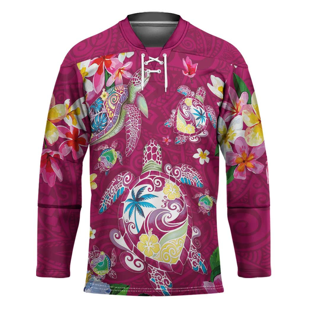 Hawaiian Turtles and Tropical Plants Hockey Jersey Pink Watercolor