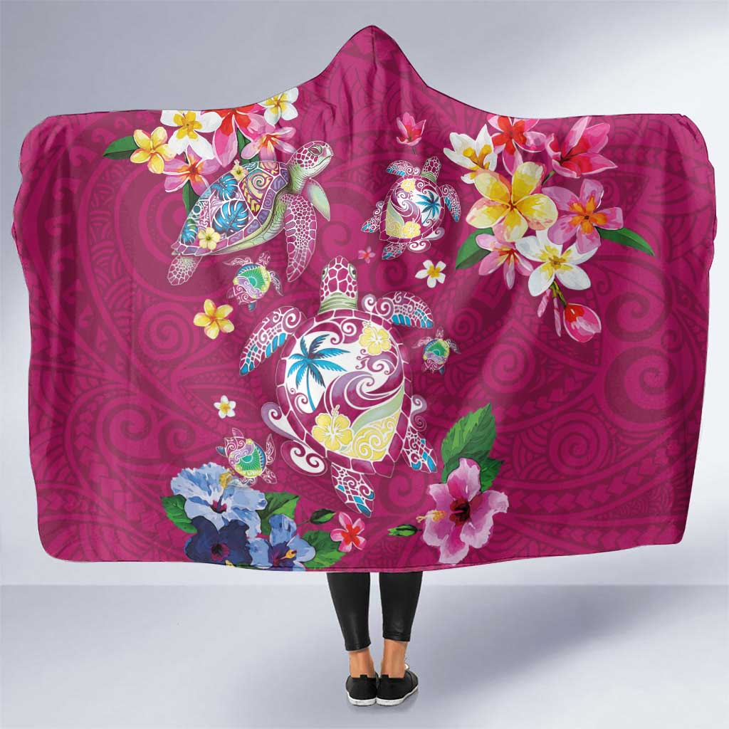 Hawaiian Turtles and Tropical Plants Hooded Blanket Pink Watercolor