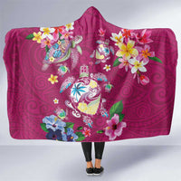 Hawaiian Turtles and Tropical Plants Hooded Blanket Pink Watercolor