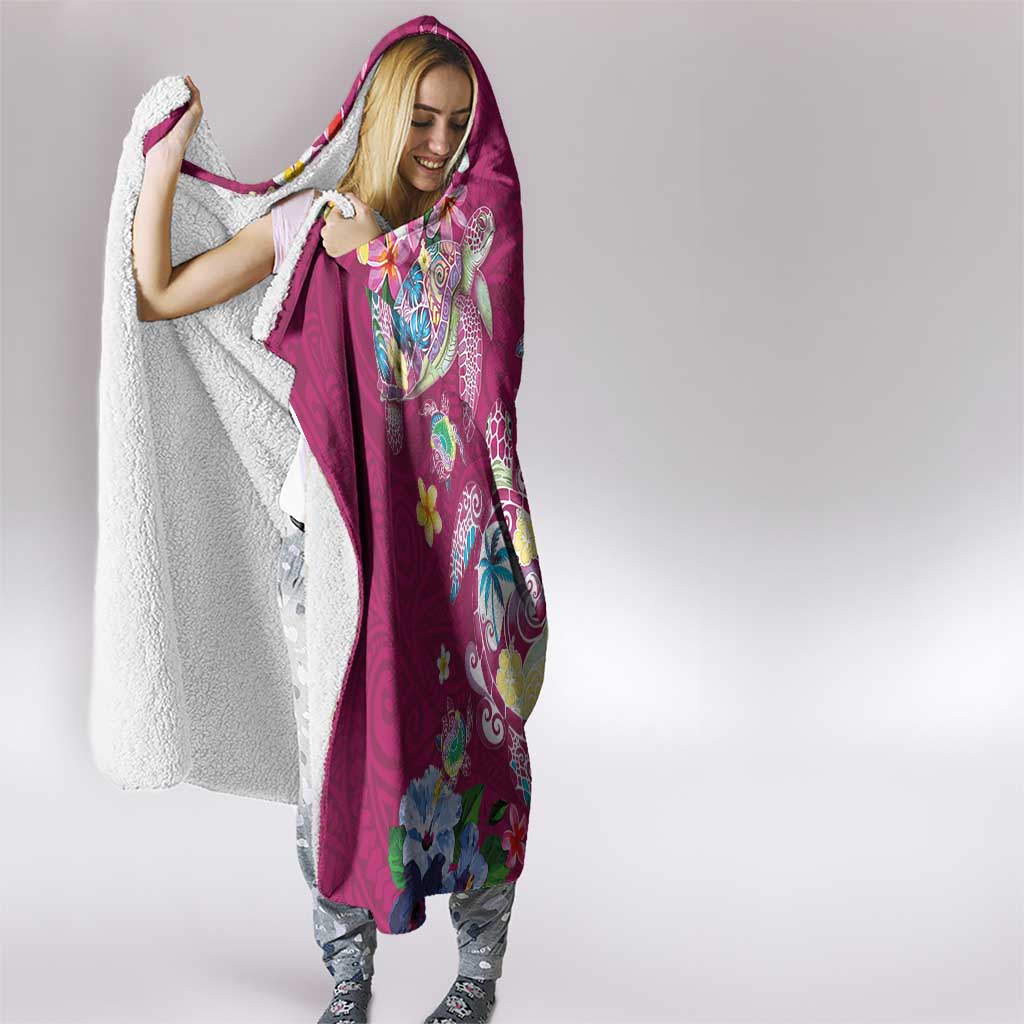 Hawaiian Turtles and Tropical Plants Hooded Blanket Pink Watercolor