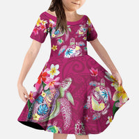 Hawaiian Turtles and Tropical Plants Kid Short Sleeve Dress Pink Watercolor